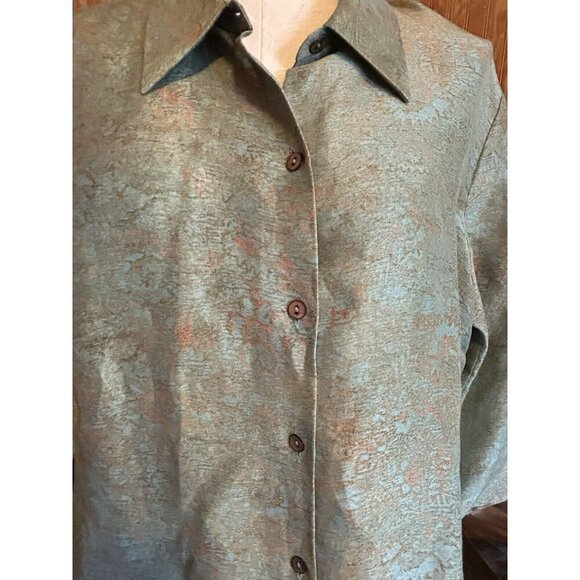 Sigrid Olsen Linen Silk Blend Button Down Light Jacket Collared Teal Print - Picture 4 of 11